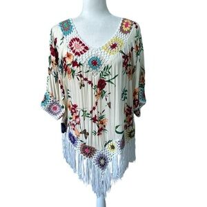 Beautiful Handmade Mexican Multi Color Crochet and Fringe Tunic Top Med no tags